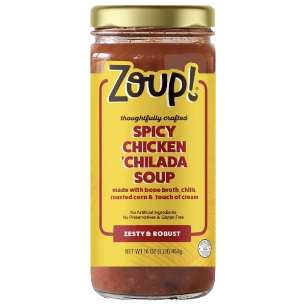 Zoup thoughtfully crafted spicy chicken chilada soup. Made with bone broth, chilis, roasted corn and touch of cream. No artificial ingredients, no preservatives and gluten free. Zesty and robust. Net weight 16oz (1lb) 454g