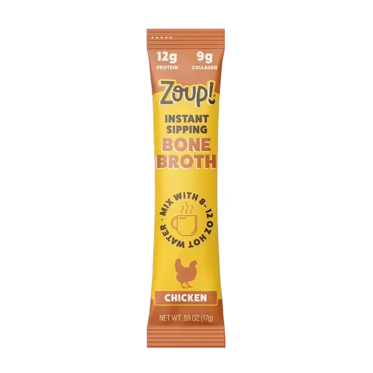 Zoup instant sipping bone broth chicken sachet. 12g protein 9g collagen. Mix with 8-12oz hot water. Net WT .53oz (15g)