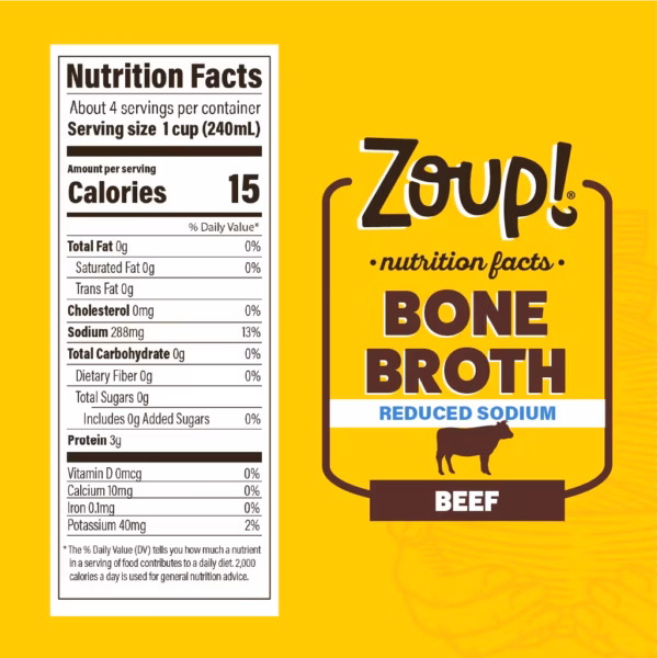 Nutritional information for Reduced Sodium Beef Bone Broth. Full details available in the table below.