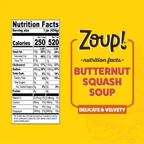 Nutritional information for Butternut Squash Soup. Full details available in the Nutrition Facts table on this page.