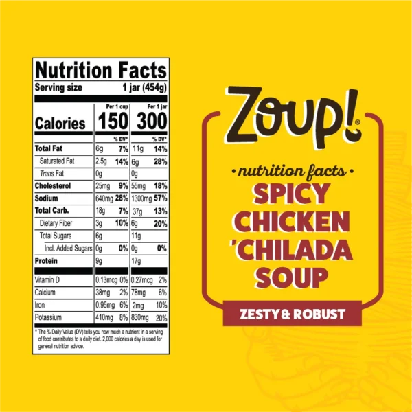 Nutritional information for Spicy Chicken Chilada Soup. Full details available in the Nutrition Facts table on this page.