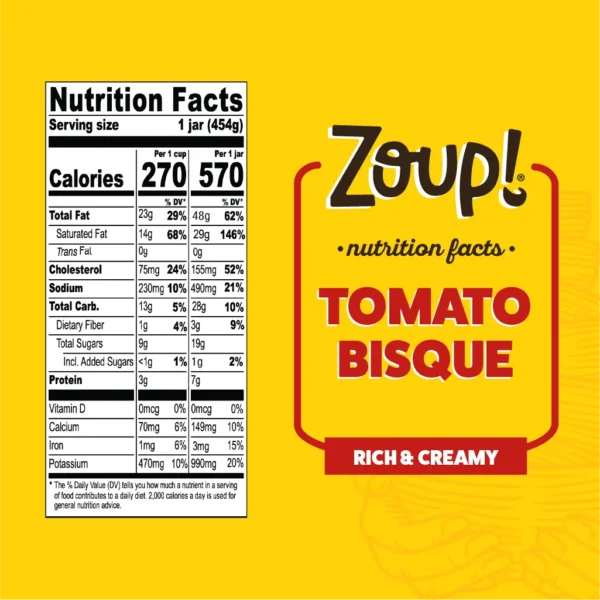 Nutritional information for Tomato Bisque. Full details available in the Nutrition Facts table on this page.