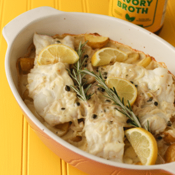 Baked Cod with Roasted Potatoes cooked with Savory Broth