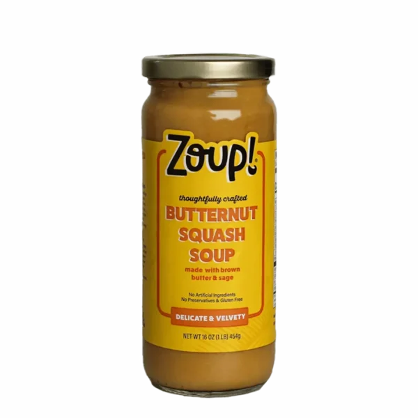 Zoup thoughtfully crafted butternut squash soup. Made with brown butter and sage. No artificial ingredients, no preservatives and gluten free. Delicate and velvety. Net weight 16oz (1lb) 454g