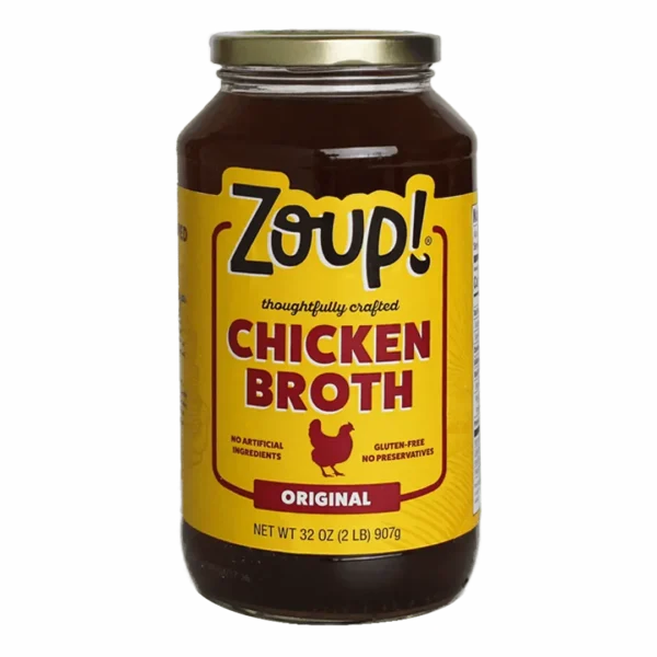 Zoup thoughtfully crafted chicken broth jar. No artificial ingredients, gluten free, no preservatives. Original Flavor. Net weight 32oz (2lb) 907g