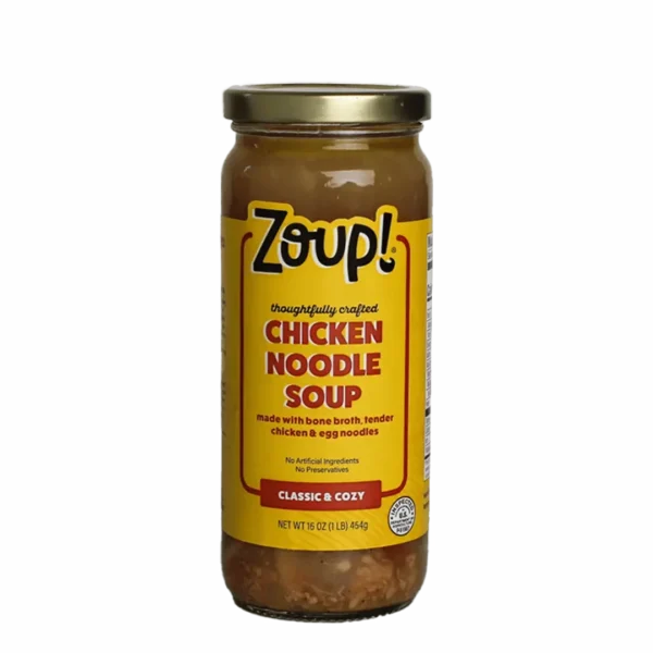 Zoup thoughtfully crafted chicken noodle soup. Made with bone broth, tender chicken and egg noodles. No artificial ingredients, no preservatives. Classic and cozy. Net weight 16oz (1lb) 454g