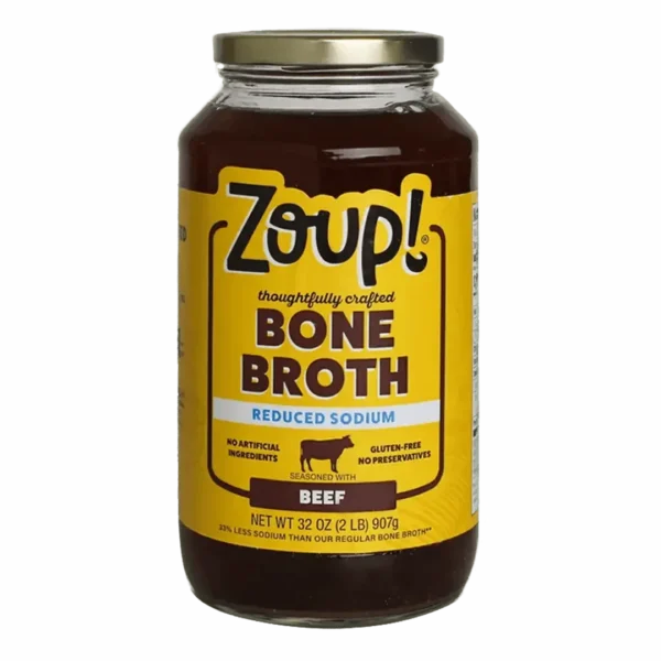 Zoup thoughtfully crafted beef bone broth reduced sodium jar. No artificial ingredients, gluten free, no preservatives. Original Flavor. Net weight 32oz (2lb) 907g